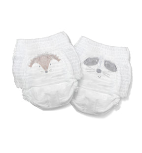 Size 6 nappy pants: hedgehog & raccoon